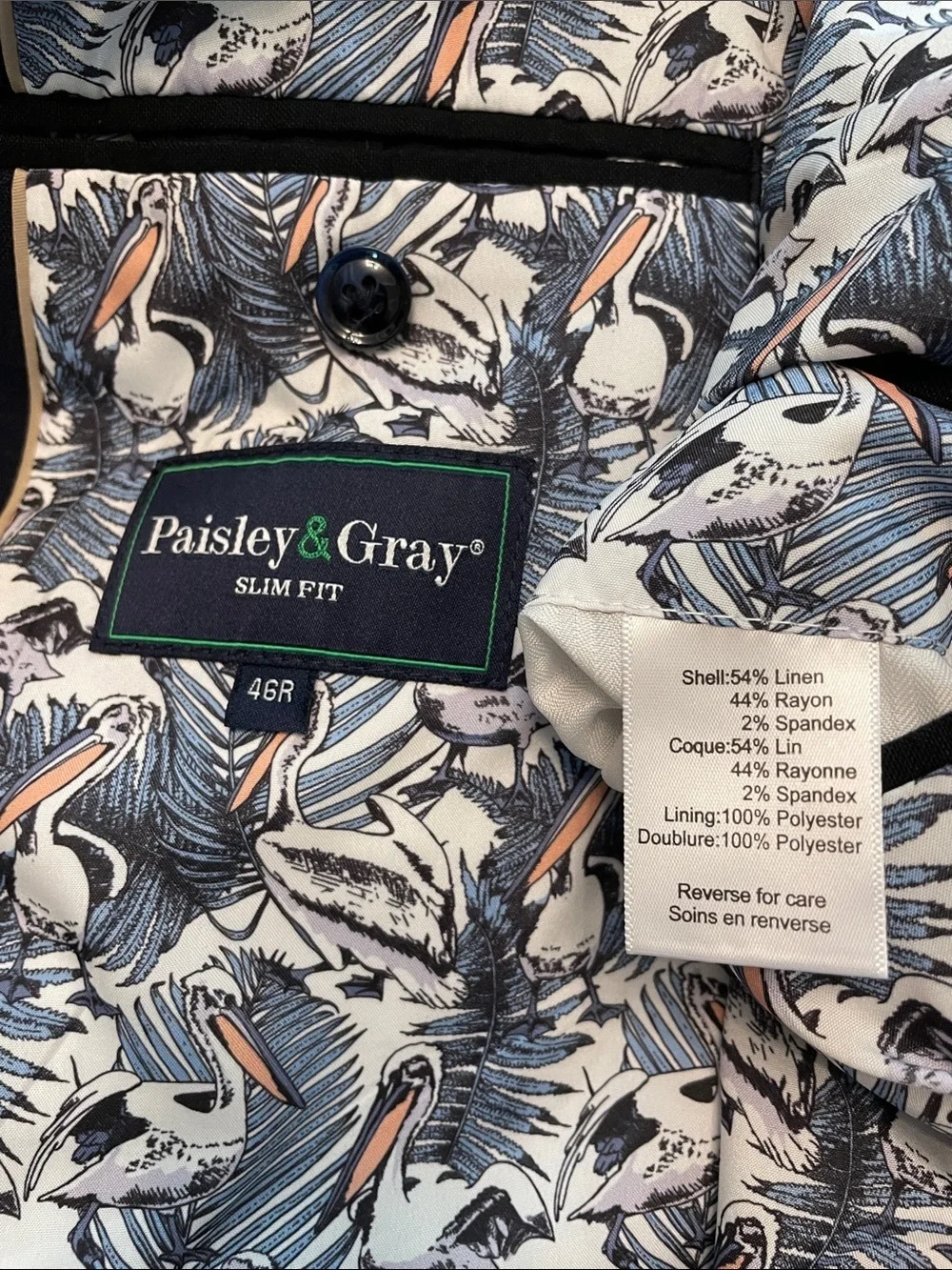 Paisley & Gray Dover Notch Blazer Size 46R Slim Fit Navy Linen Blend Two Button